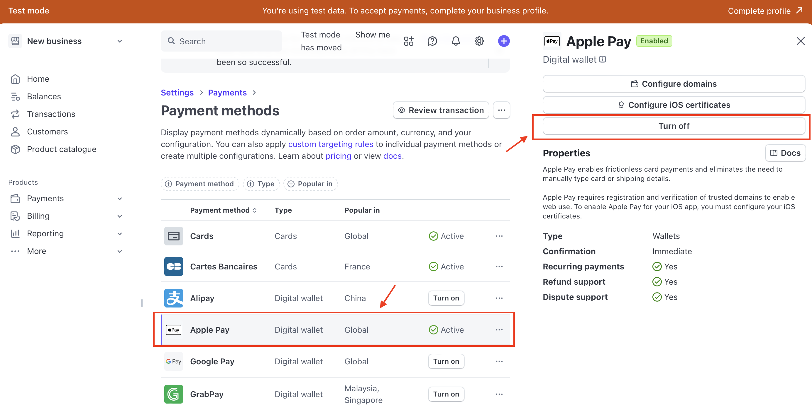 configure stripe console to turn off apple pay